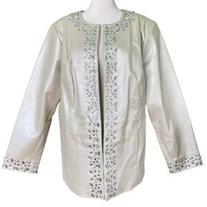 Bradley Bayou Pearlized Ivory Leather Jacket Rhinestone Pockets‎ (Plus Size 1X)